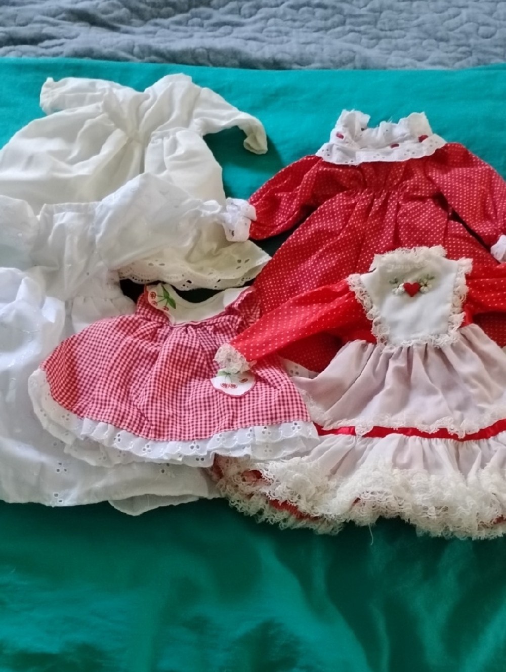 6 New Doll Dresses Red and White Plus Underpants, Pantaloons, Slip